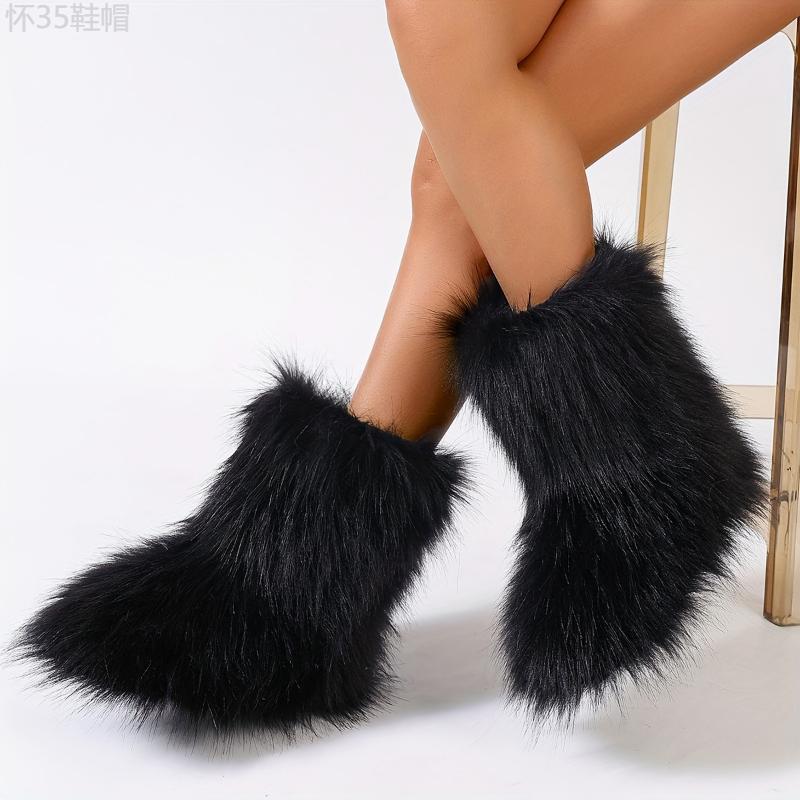 Trendy Colorful Fluffy Furry Snow Boots - Insulated Winter Thermal Slip-Ons for Ultra-Comfy All-Weather Wear - Stylish Mid Calf Flat Sole Boots for Fashion Forward Outfits Footwear Girl Women Walking Shoes Comfort Knee