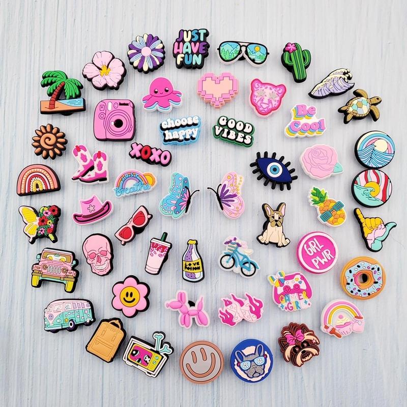 30 50 Pack Flower Shoe Decorations Charms for Clog Accessories Pins for Girls Women Cute Preppy Hippie Horse Pink Peace Butterfly Cowgirl Shoe Charms Party Favors