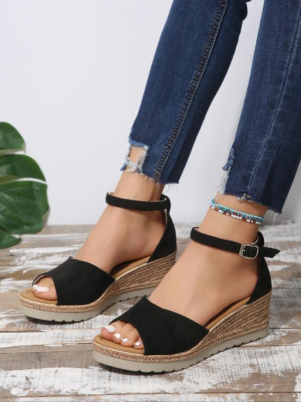 Women's Plain Color Buckle Decor Wedge Sandals, Peep Toe Espadrille Wedge Platform Sandals for Summer, Lightweight Breathable Comfortable Shoes for Daily Footwear