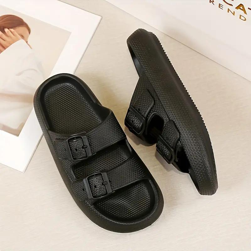 Womens Solid Color Slide Sandals - Effortless Slip-On, Breathable Open Toe, Ultra-Comfortable Double Buckle Straps - Anti-Slip Summer Slides for Everyday Stylish Wear