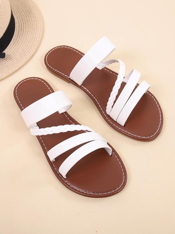 Women's New Trend Plain Color Flat Sandals, Summer 2024 Casual Woven Details Sandals for Beach Vacation, Fashionable Sandals for Daily Wear