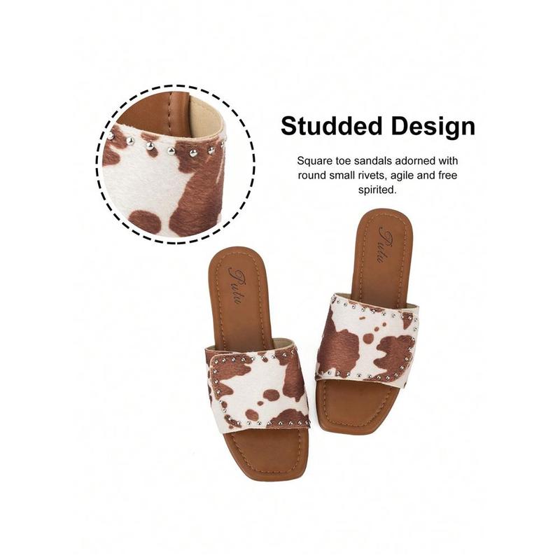 Women Rivet Decor Fashion Sandals, Flat Slide Summer Sandals ,Cow Pattern Flat Sandals Comfortable Western Slippers