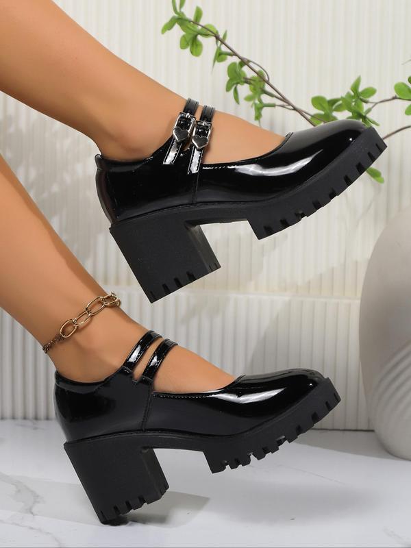 Women's Fashionable Solid Color Double Ankle Strap Platform Mary Janes Pumps, Punk Style Round Toe Chunky Heeled Mary Janes Pumps for Daily Wear