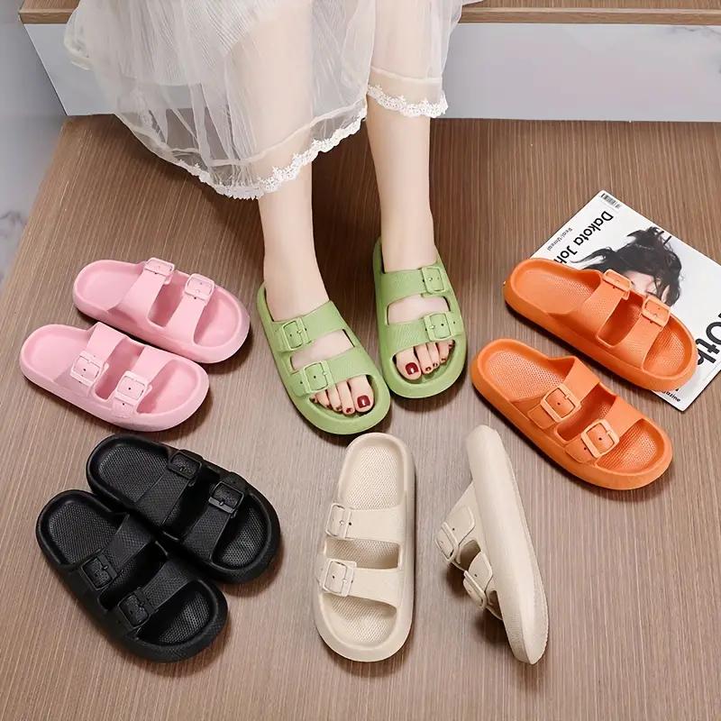 Womens Solid Color Slide Sandals - Effortless Slip-On, Breathable Open Toe, Ultra-Comfortable Double Buckle Straps - Anti-Slip Summer Slides for Everyday Stylish Wear