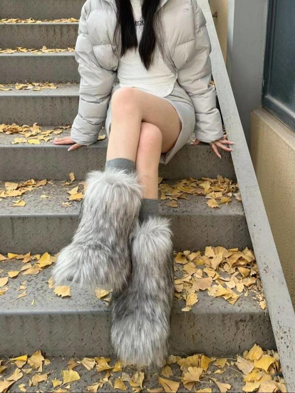 Women's Ombre Faux Fur Design Snow Boots, Casual Warm Boots for Winter, Female All-match Round Toe Fall Designer Shoes for Daily Wear, Cute Shoes, Boots for Women