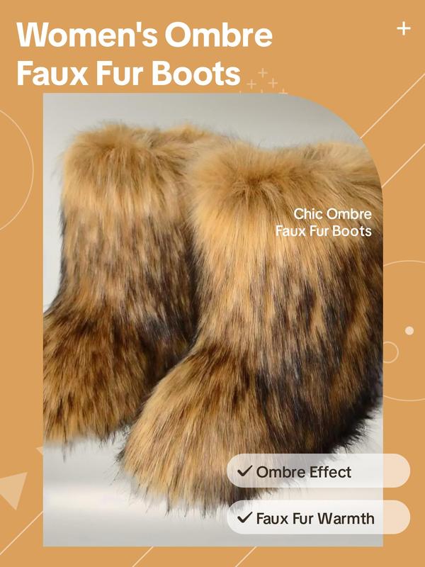 Women's Ombre Faux Fur Design Snow Boots, Casual Warm Boots for Winter, Female All-match Round Toe Fall Designer Shoes for Daily Wear, Cute Shoes, Boots for Women