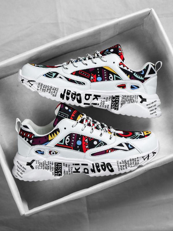 Men's Fashion Random Letter Graffiti Pattern Lace Up Low Top Sneakers, Trendy Breathable Comfortable Sports Running Shoes, Perfect for Students and Outdoor Sports