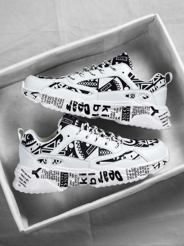 Men's Fashion Random Letter Graffiti Pattern Lace Up Low Top Sneakers, Trendy Breathable Comfortable Sports Running Shoes, Perfect for Students and Outdoor Sports