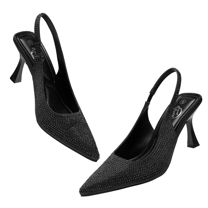 Trary Slingback Heels for Women Pointed Toe Pumps Shoes 3.2inch High Heel Slip On Rhinestone Glitter Heels Comfy Heels for Party Working Dressy Office Banquet High Heel Sandal Pump Footwear Walking Shoes