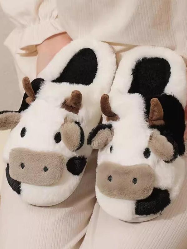 Women's Cute Cartoon Cow Plush Slippers, Casual Soft Comfortable Home Slippers, Warm Slippers for Indoor & Outdoor Use for Fall & Winter