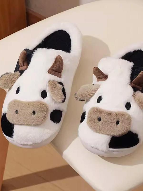 Women's Cute Cartoon Cow Plush Slippers, Casual Soft Comfortable Home Slippers, Warm Slippers for Indoor & Outdoor Use for Fall & Winter