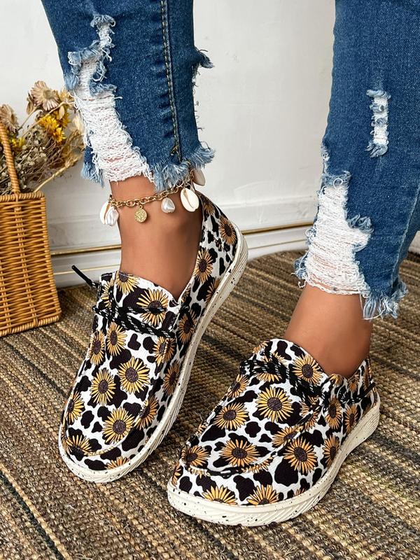 Women's 2024 Trendy Cow & Sunflower Print Low Top Sneakers, Casual Comfortable Slip on Flat Shoes, Classic Matching Sports Shoes, Walking Shoes