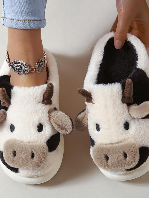 Women's Cute Cartoon Cow Plush Slippers, Casual Soft Comfortable Home Slippers, Warm Slippers for Indoor & Outdoor Use for Fall & Winter