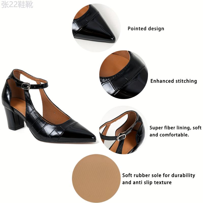 Women's Cap Toe Chunky Heeled, Ankle Strap D'Orsay Mid Heels, All-Match Faux Leather Dress Shoes Footwear Girl