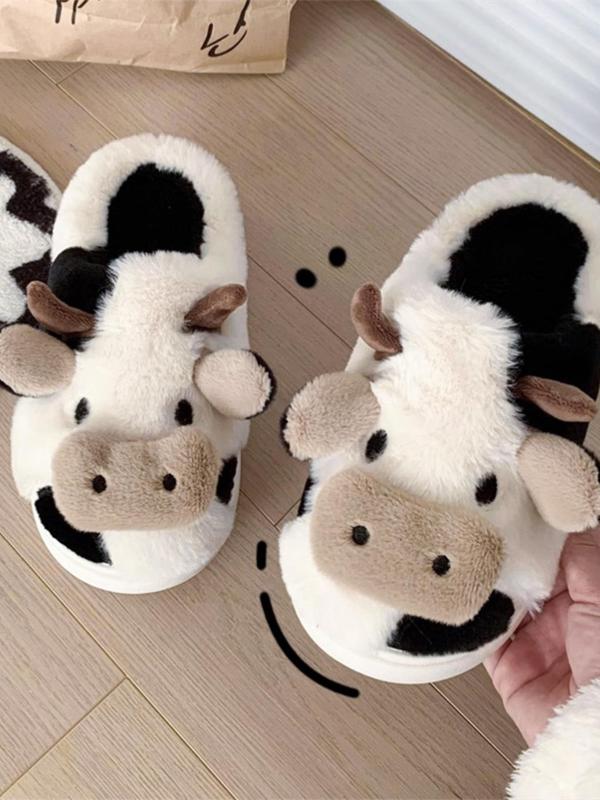 Women's Cute Cartoon Cow Plush Slippers, Casual Soft Comfortable Home Slippers, Warm Slippers for Indoor & Outdoor Use for Fall & Winter