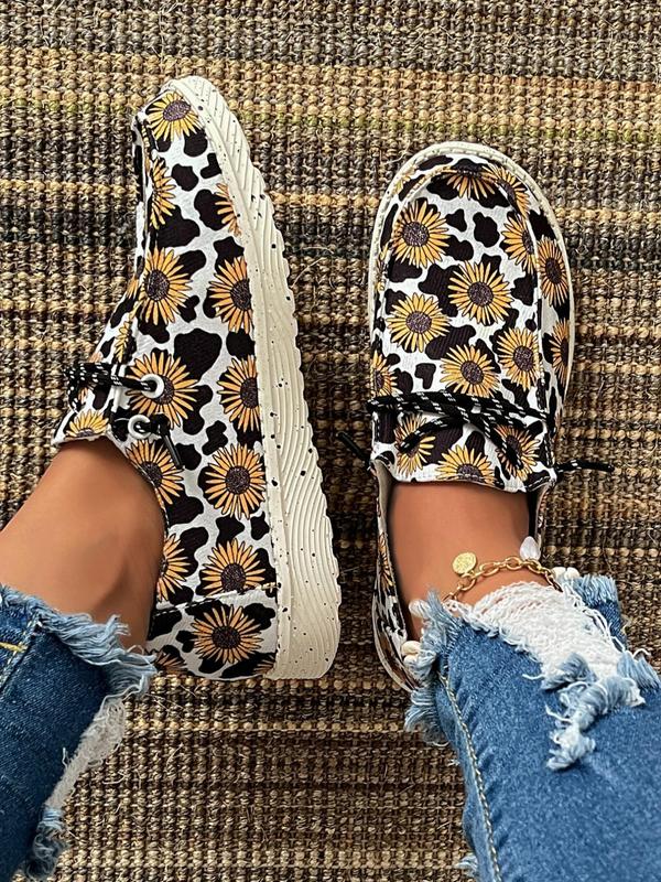 Women's 2024 Trendy Cow & Sunflower Print Low Top Sneakers, Casual Comfortable Slip on Flat Shoes, Classic Matching Sports Shoes, Walking Shoes