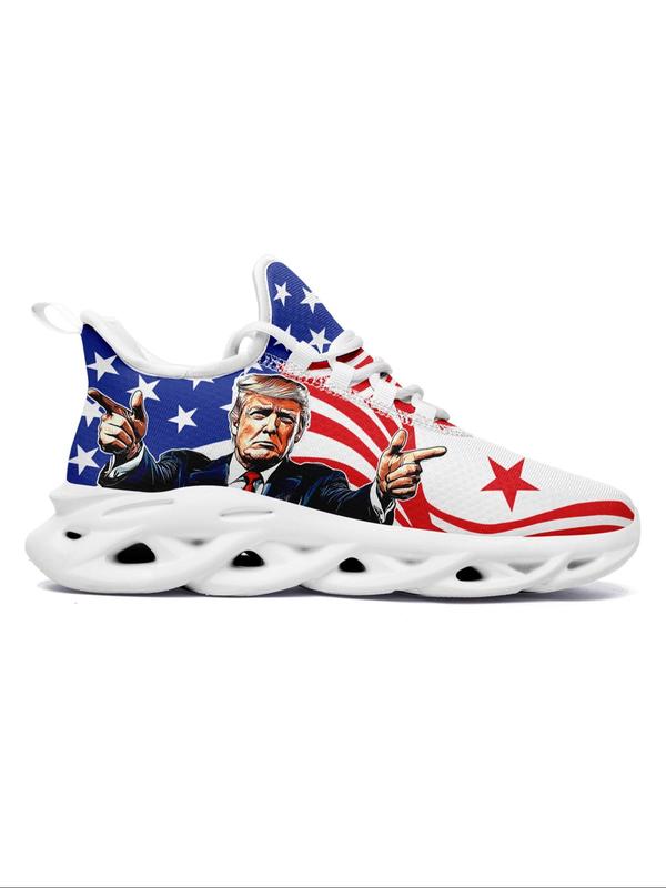 Men's American Flag & Figure Print Lace Up Sneakers, Casual Comfortable Breathable Sports Running Shoes, Male All-match Round Toe Shoes for Daily Wear