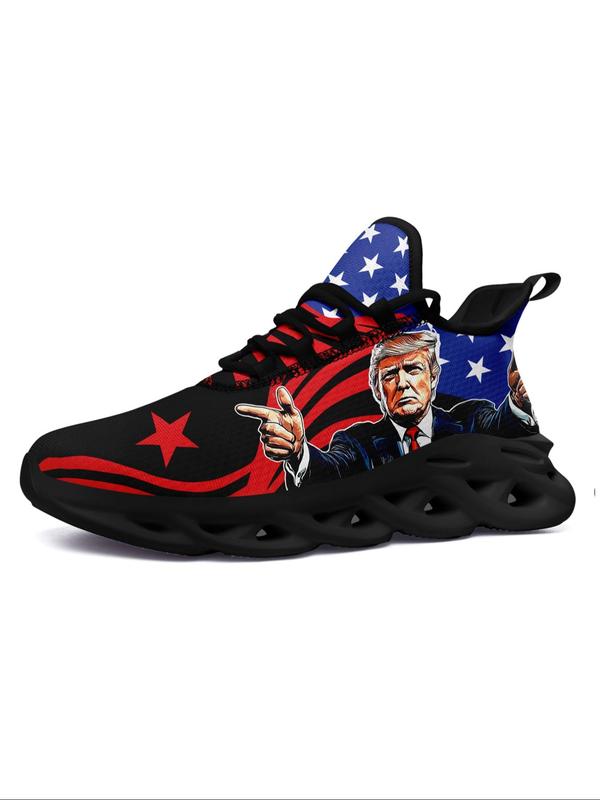 Men's American Flag & Figure Print Lace Up Sneakers, Casual Comfortable Breathable Sports Running Shoes, Male All-match Round Toe Shoes for Daily Wear