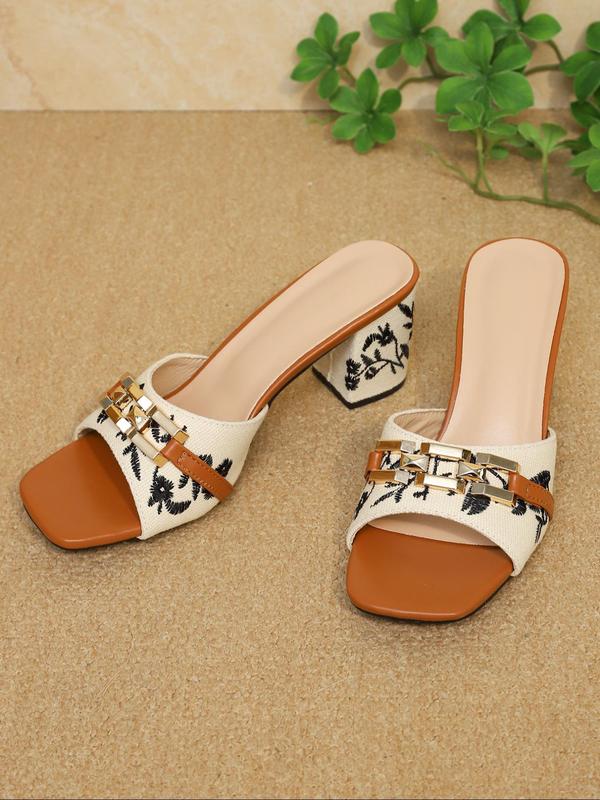 Women's Fashionable Floral Pattern Embroidering Design Slip on Sandals, Boho Style Open Toe High Heel Sandals for Summer, Casual Vacation Beach Mule Sandals for Women & Girls