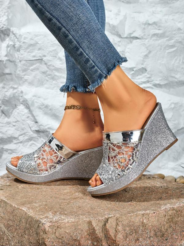 Women's Floral Pattern Contrast Sequin Slip on Wedge Sandals, Boho Style Wedge Sandals for Summer, Lightweight Breathable Comfortable Shoes for Daily