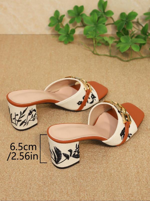 Women's Fashionable Floral Pattern Embroidering Design Slip on Sandals, Boho Style Open Toe High Heel Sandals for Summer, Casual Vacation Beach Mule Sandals for Women & Girls