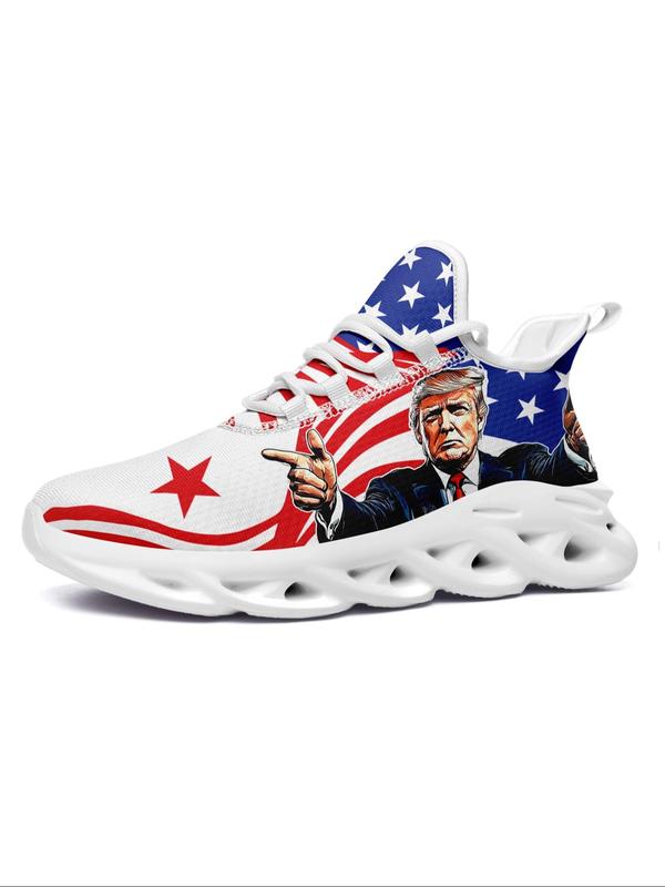 Men's American Flag & Figure Print Lace Up Sneakers, Casual Comfortable Breathable Sports Running Shoes, Male All-match Round Toe Shoes for Daily Wear