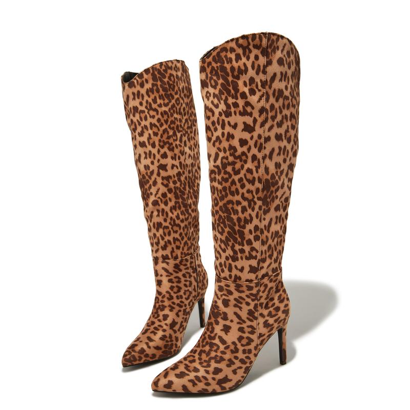 Portia Knee High Heel Boots - Leopard