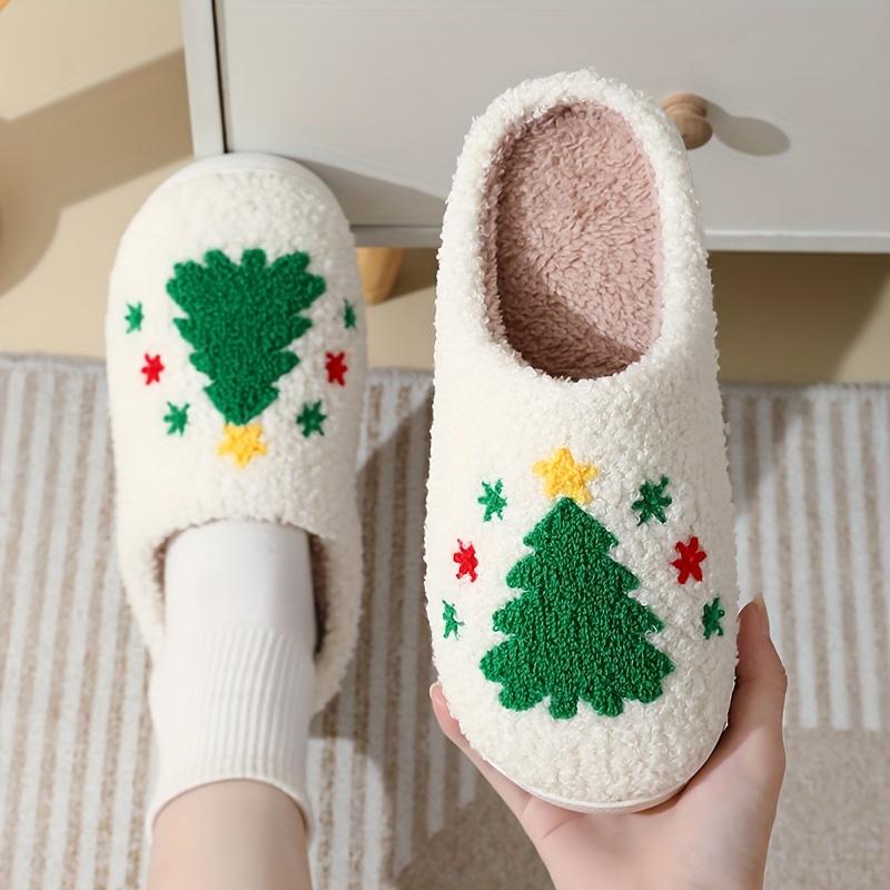 Cotton Slippers for Women Christmas Tree Pattern Fuzzy Slippers, Winter Warm Closed Toe Flat Floor Shoes, Cozy Soft Sole Plush Home Slippers