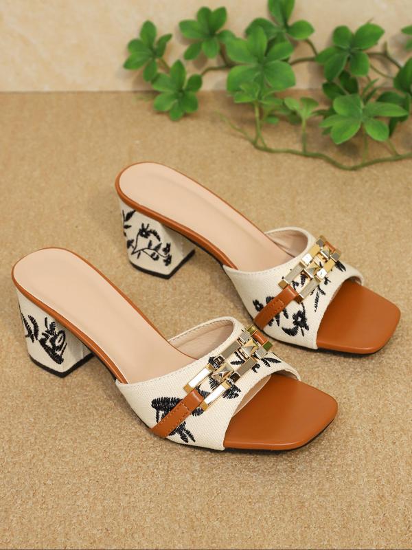 Women's Fashionable Floral Pattern Embroidering Design Slip on Sandals, Boho Style Open Toe High Heel Sandals for Summer, Casual Vacation Beach Mule Sandals for Women & Girls