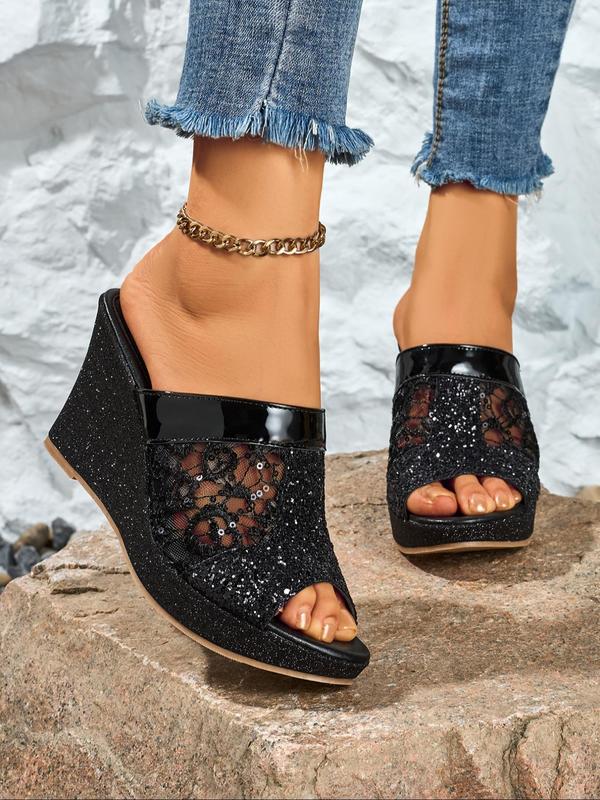 Women's Floral Pattern Contrast Sequin Slip on Wedge Sandals, Boho Style Wedge Sandals for Summer, Lightweight Breathable Comfortable Shoes for Daily