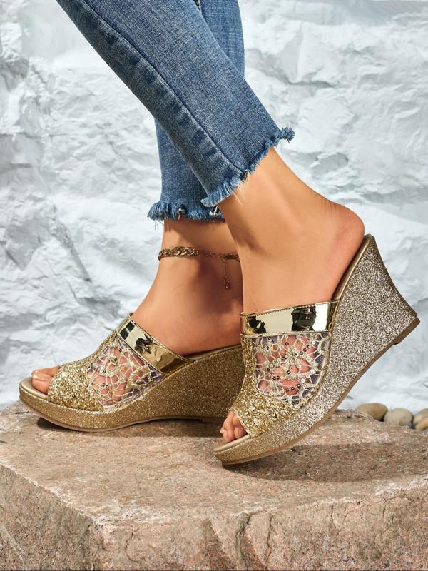 Women's Floral Pattern Contrast Sequin Slip on Wedge Sandals, Boho Style Wedge Sandals for Summer, Lightweight Breathable Comfortable Shoes for Daily