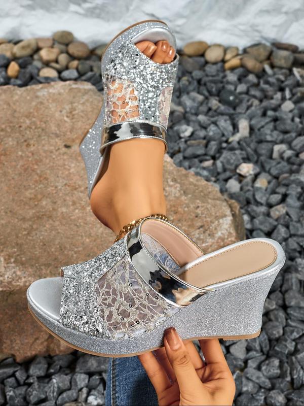 Women's Floral Pattern Contrast Sequin Slip on Wedge Sandals, Boho Style Wedge Sandals for Summer, Lightweight Breathable Comfortable Shoes for Daily