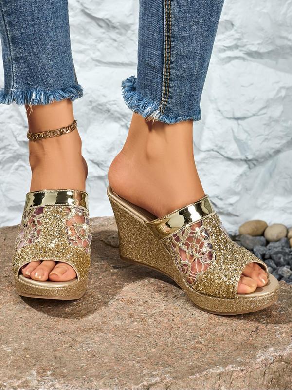 Women's Floral Pattern Contrast Sequin Slip on Wedge Sandals, Boho Style Wedge Sandals for Summer, Lightweight Breathable Comfortable Shoes for Daily