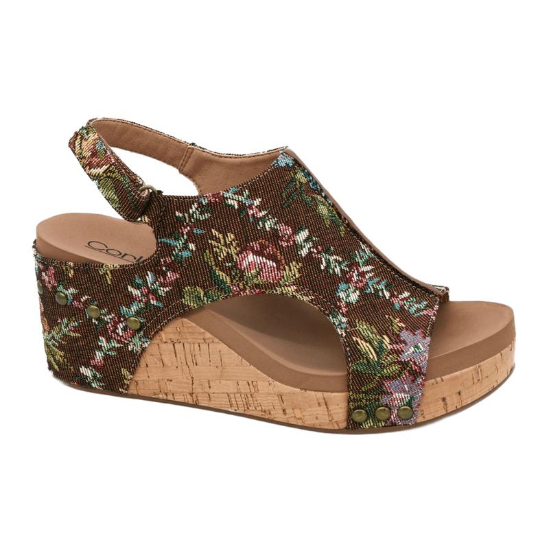 CORKYS CARLEY WEDGE SANDALS - RUST BROCADE FLORAL