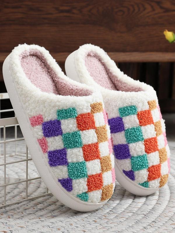 Women's Checked Pattern Slippers, Casual Soft Comfortable Home Slippers, Warm Slippers for Indoor & Outdoor Use for Fall & Winter