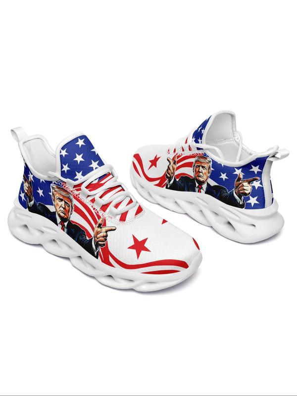 Men's American Flag & Figure Print Lace Up Sneakers, Casual Comfortable Breathable Sports Running Shoes, Male All-match Round Toe Shoes for Daily Wear