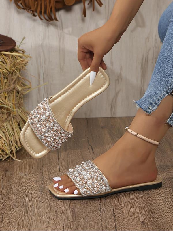 Women's Elegant Faux Pearl & Rhinestone Decorated Slide Sandals, Trendy Exquisite Flat Sandals, Fashionable Shoes for Daily Wear