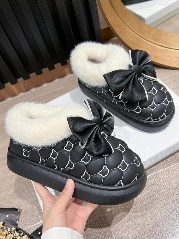 Women's Bowknot Design Embroidering Plush Slippers, Casual Soft Comfortable Home Slippers, Warm Slippers for Indoor & Outdoor Use for Fall & Winter