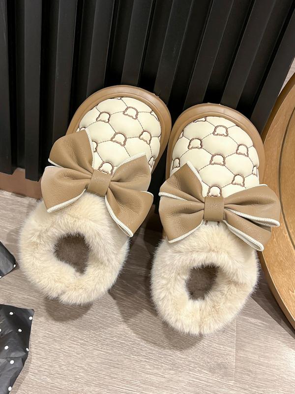 Women's Bowknot Design Embroidering Plush Slippers, Casual Soft Comfortable Home Slippers, Warm Slippers for Indoor & Outdoor Use for Fall & Winter