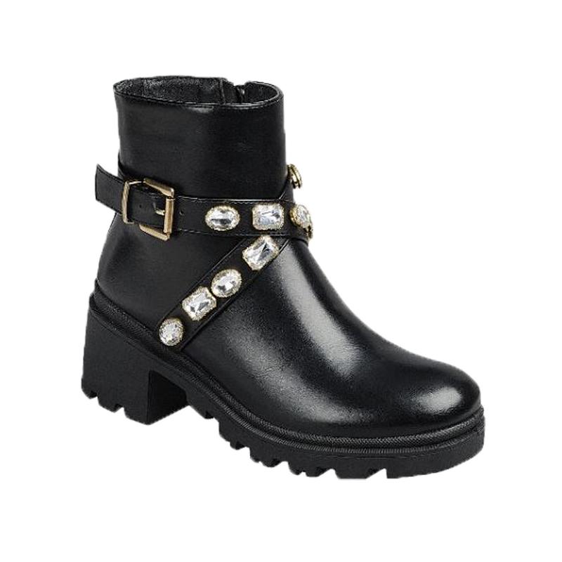 PACIFIC-13 WOMEN BOOTIES CHUNKY PLATFORM HEEL BUCKLE RHINESTONE DESIGN WITH A SIDE ZIPPER