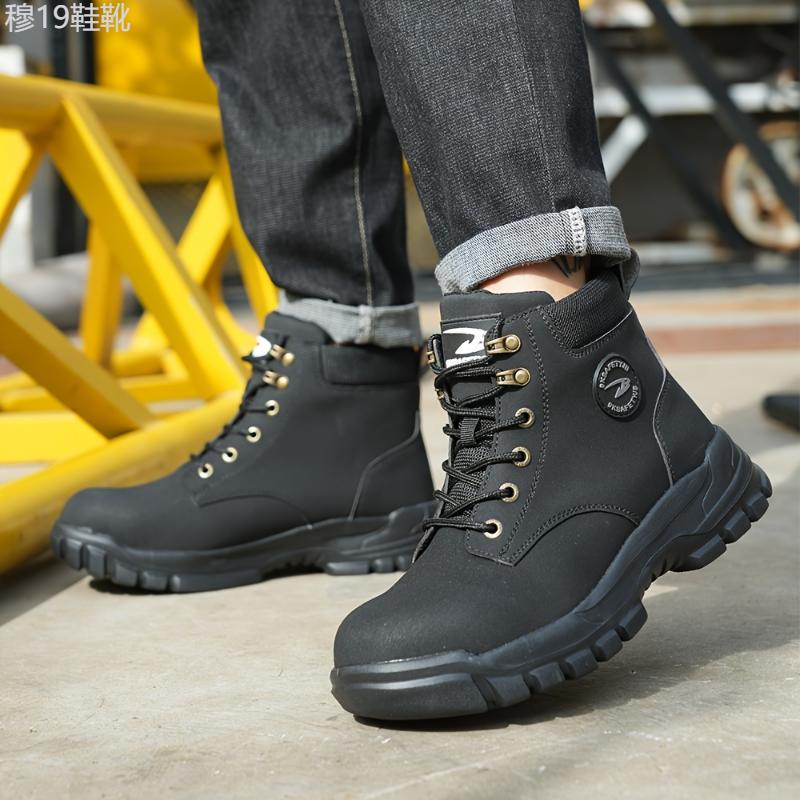 PLUS SIZE Men's Steel Toe Classic Ankle Boots, Comfy Non Slip Lace Up Casual Work Shoes For Men's Outdoor Activities Boy Walking Shoes