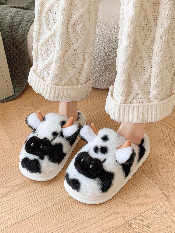 Women's Cute Cow Design Plush Slippers,  Cow Slippers, Casual Soft Comfortable Home Slippers, Fluffy Fall & Winter House Shoes for Indoor and Outdoor, Designer Slides