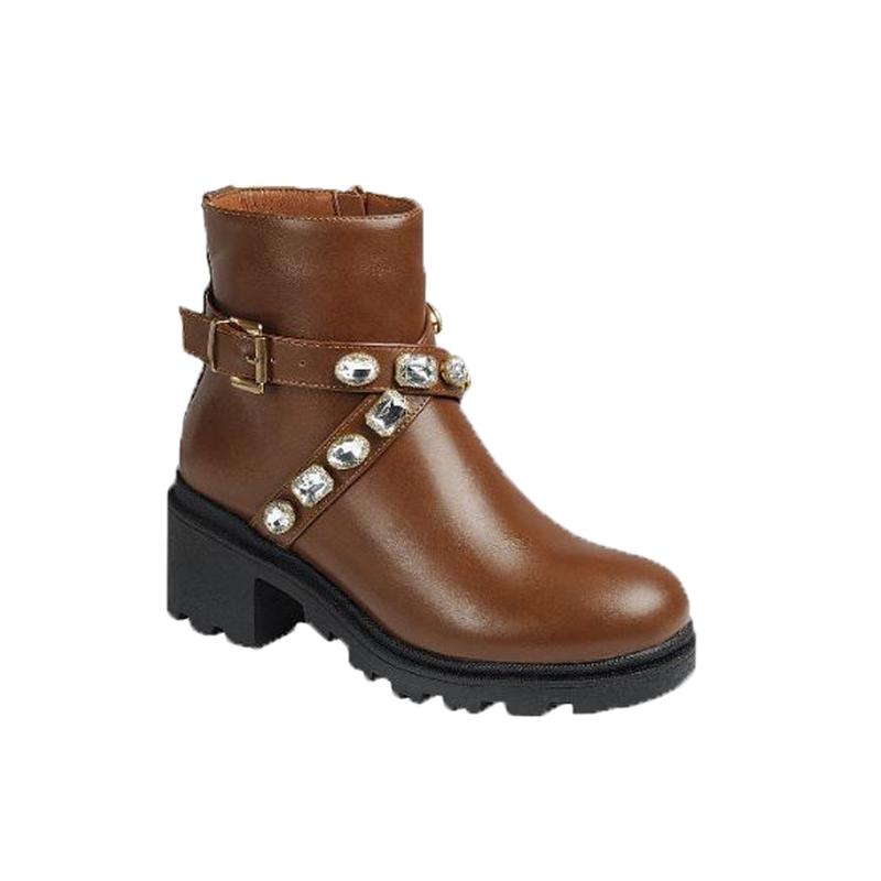 PACIFIC-13 WOMEN BOOTIES CHUNKY PLATFORM HEEL BUCKLE RHINESTONE DESIGN WITH A SIDE ZIPPER