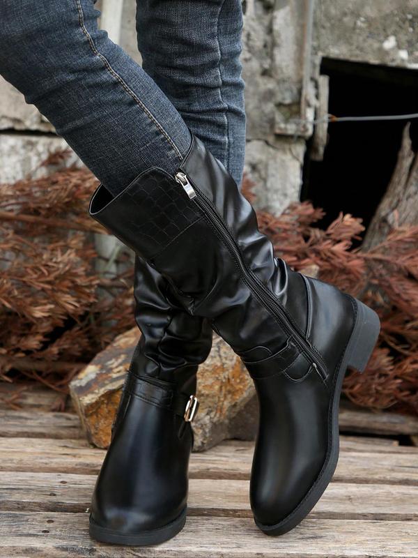 Women's Fashionable Crocodile Embossed Belted Boots, Casual Round Toe Zipper Design Boots for Daily Wear, Female All-match Trendy Shoes for Daily Wear