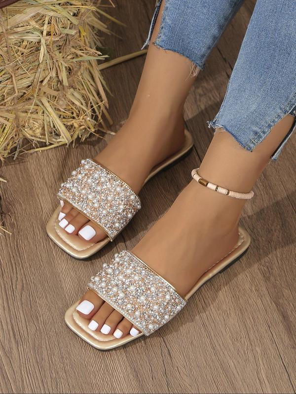 Women's Elegant Faux Pearl & Rhinestone Decorated Slide Sandals, Trendy Exquisite Flat Sandals, Fashionable Shoes for Daily Wear