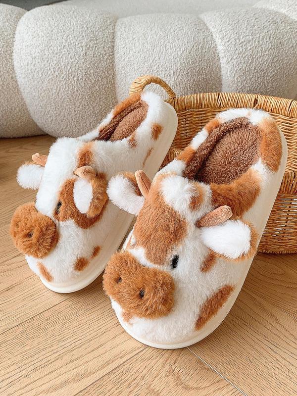 Women's Cute Cow Design Plush Slippers,  Cow Slippers, Casual Soft Comfortable Home Slippers, Fluffy Fall & Winter House Shoes for Indoor and Outdoor, Designer Slides