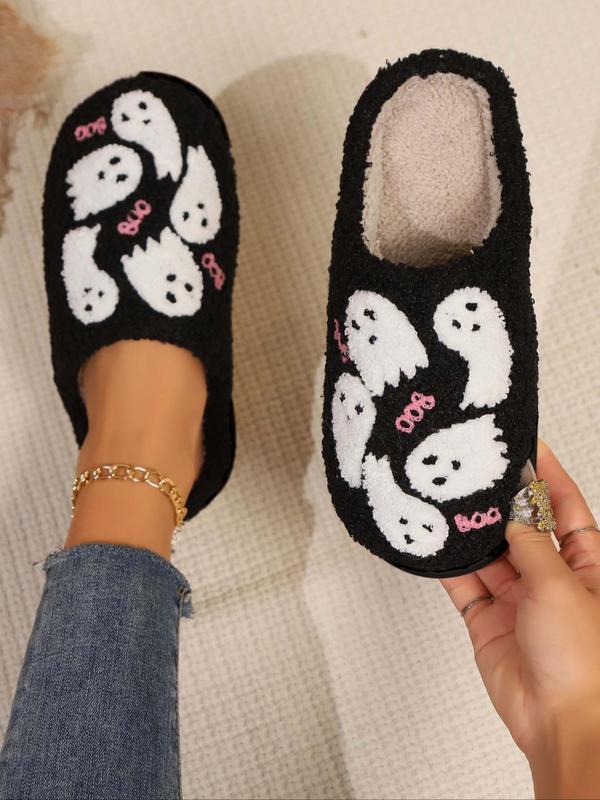 Women's Cute Cartoon Ghost Pattern Plush Slippers, Casual Soft Comfortable Home Slippers, Halloween Themed Bedroom Slippers, Warm Slippers for Indoor & Outdoor Use for Fall & Winter