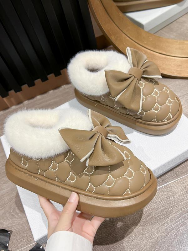 Women's Bowknot Design Embroidering Plush Slippers, Casual Soft Comfortable Home Slippers, Warm Slippers for Indoor & Outdoor Use for Fall & Winter