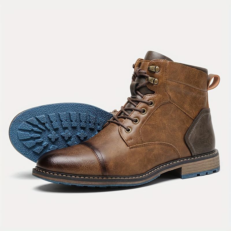 Men's Vintage Cap Toe Lace-up Boots With Side Zipper, Casual PU Leather Walking Shoes