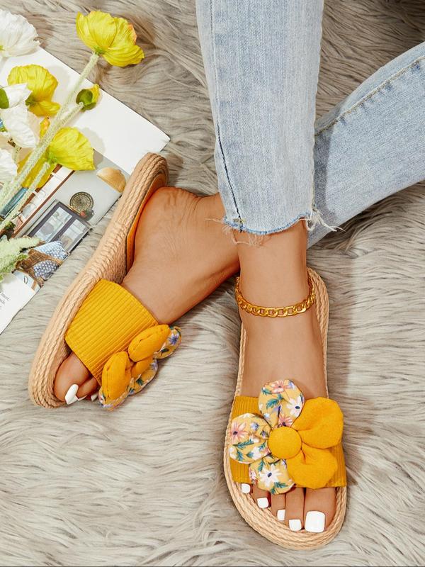 Women's Flower Decor Hemp Rope Bottom Slip-on Sandals, Boho Style Open Toe Flat Sandals for Summer, Casual Comfortable Slide Sandals for Women & Girls